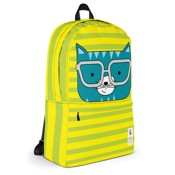 Backpack_Horizontal Stripes Cool Cat Green Yellow