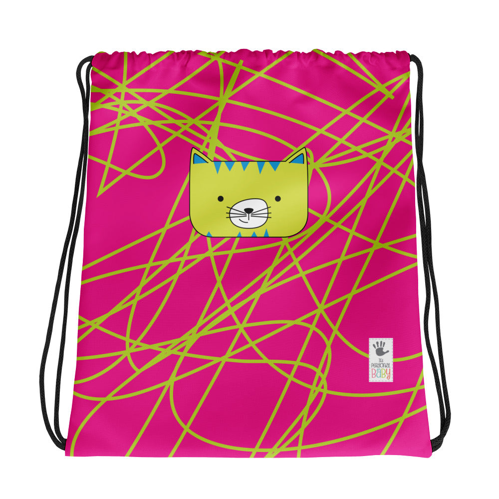 Drawstring Bag_Scribbles Cool Cat Pink