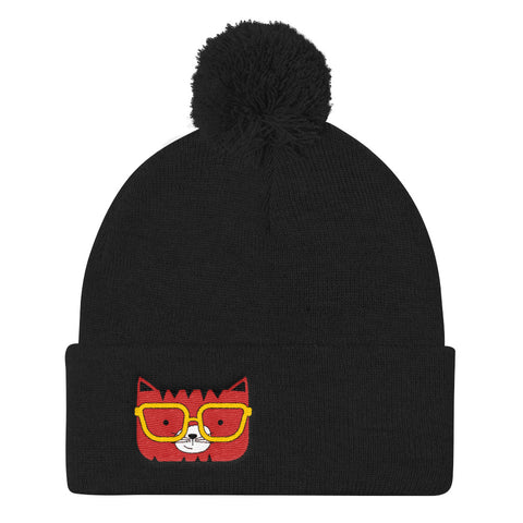 Pom Pom Knit Cap_Solid Yellow Cool Cat Red
